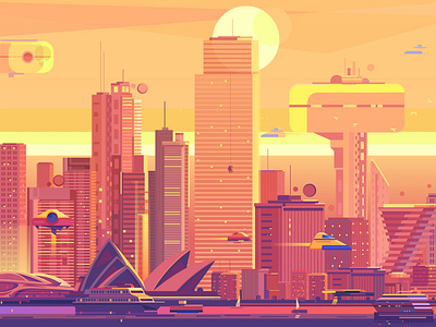 Australia 2050 2d animation branding building cruise ship design digital futuristic illustration motion motion graphics purple red spaceships technology ui vector yellow