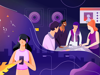 The music industry 2d animation business character design digital disco girl illustration lights listener music music app musician notes player purple team teamwork work