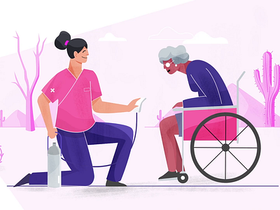 Healthcare 2d adult animation branding character design digital elder explainer animation health hospital illustration motion graphics nurse patients pink purple staff vector wheelchair