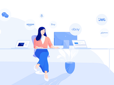 Clients animation animation 2d blue brands character desk desktop digital glasses illustration information laptop logo office orange plant screens shoes woman work