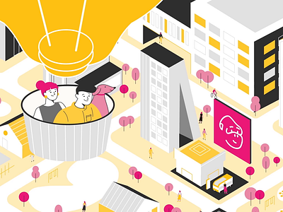 Hot Air Ballon 2d animation buildings bulb city couple digital dog energy flying fuchsia hot air ballon illustration motion graphics park pink pointing urban vector yellow