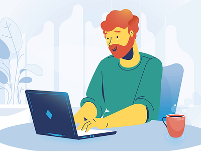 Typing 2d animation beard bearded man branding coffee cup design digital home office illustration laptop logo motion graphics tech typing vector working