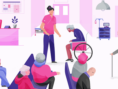 Hospital 2d animation character design digital elder health hospital illustration motion graphics patients pink hair purple staff technology ui vector