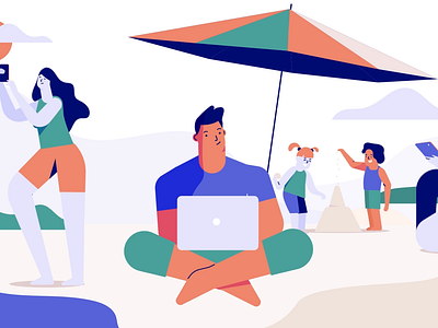 Beach Style 2d animation beach business character connection design digital illustration laptop motion graphics remote work sand selfie summer summer vibes technology vector vpn wifi