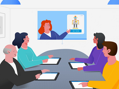 Product Meeting! 2d animation character dashboard design digital ecommerce illustration listing marketplace meeting motion motion graphics presentation product page robot screens tablets technology vector