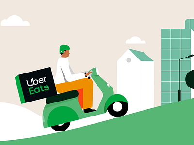 UberEats Delivery 2d animation bike biker buildings character delivery delivery app design food app green hill illustration montain motion graphics motorbike scooter tech ubereats vector