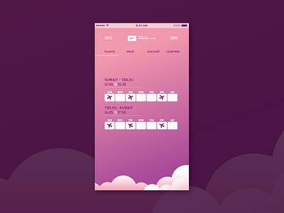 APP_Flights app clouds flight pink plane purple schedule travel trip ui ux
