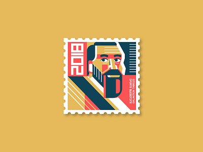 The stamp beard black eyes flat design geometric illustration lines man portrait red stamp yellow