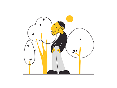 sunrise beard character character concept colorful design flat guy hat illustration lines man sun tree yellow