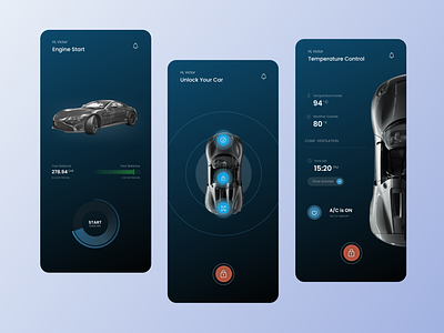 Car Assistant App assistant blue car clean concept dailyui dark light lock mobile design monitoring on off switch start temperature top view