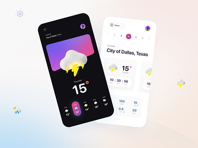 Weather App 3d app design black calendar clean dark degree glassmorphism gradient mobile design product design rainy thunder weather