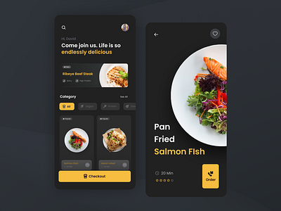 Food Menu checkout daily ui dark mode dishes fish food gold list menu mobile design order product design yellow