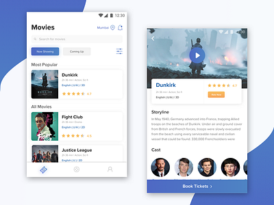 Movie Ticket Booking android app book card cinema color gradient list movie options sketch ticket ui