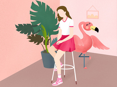 City 1-Girl and flamingo app chair flamingo girl illustration picture pink plant potted skirt ui web