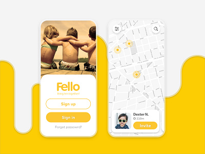 Fello App - Bring 'em together app design children city design flat friends ios kids landing login map meet minimal mobile app design mobile ui navigation play simple ux yellow