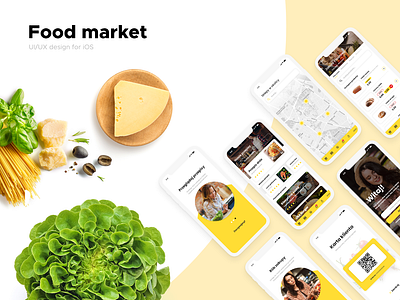 Food market app, iOS UI/UX design. app app design application ecommerce food ios iphone market minimal modern restaurant ui uiux ux web yellow