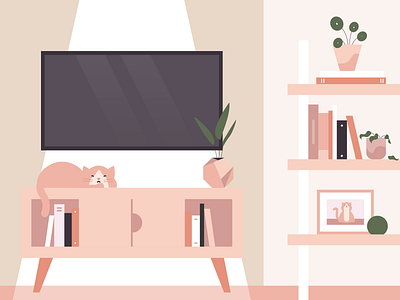 Comfort Zone bookshelf cat flat illustration home icon illustration livingroom pilea plants tv