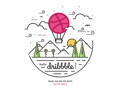 Hello Dribbble! debut first hot air balloon illustration linework sunrise thank you