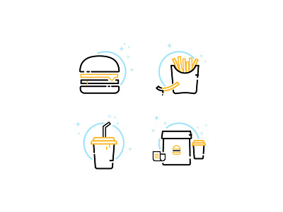 Fast food icons burger car drive thru fast food fries illustration line art soda