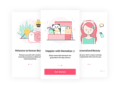 Onboarding Screen - Memebox App app beauty bee flat illustration memebox onboarding ui ux