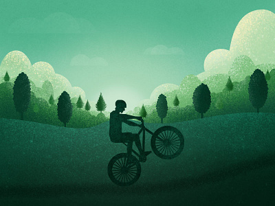 Mountain Biking Landscape - Illustration Practice bike clouds green hills illustration landscape mountain biking sun trees