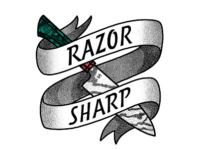 Razor Sharp - T-Shirt Graphic banner damascus half tone knife lettering pattern sharp texture