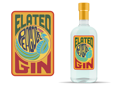 Elated Peacock Gin bottle bottle design bottle label branding design design757 digital illustration gin graphic design illustration mockup packaging peacock peafowl