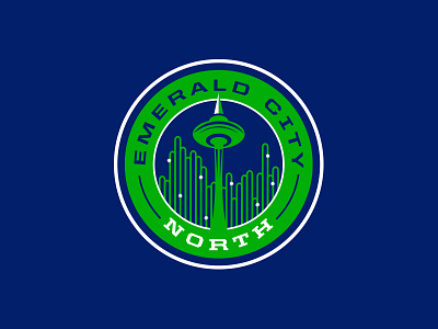 Emerald City North badge emerald city fantasy football football illustration logo seahawks seattle skyline space needle
