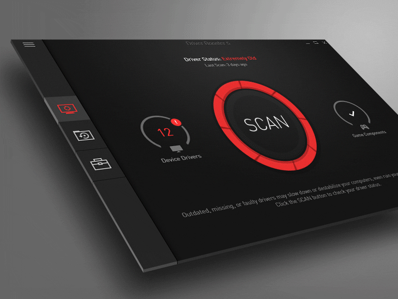 Driver Booster 5 analytics application button circle data form graph icons interface navigation scan user