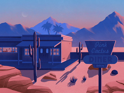 Desert Diner 🌵 cactus desert diner illustration palmtree procreate restaurant sunset texture