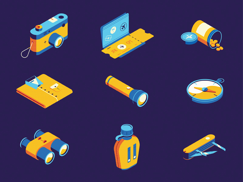 What to Pack for a Safari? safari binocular passport camera travel vector iconography icon isometric
