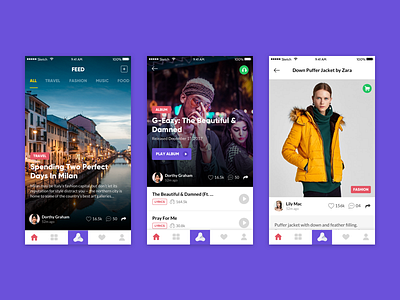 Social App buy design feed mobile music purple shopåing social songs travel ui