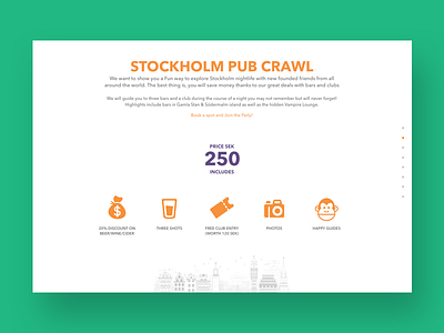 Stockholm Pub Crawl - About about animation entertainment full page icons scrolling website yellow