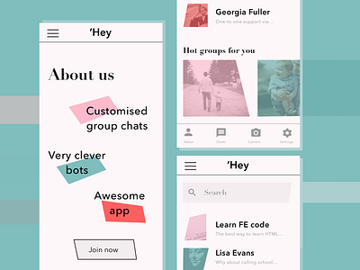 Chatbot app - About us and Chat screens app colour design typography ui