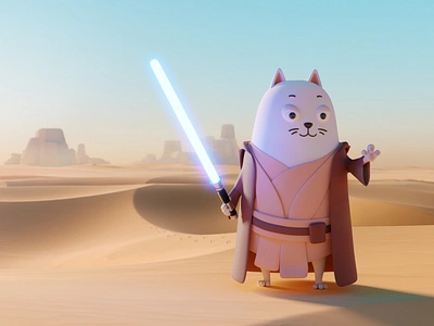 Sebo Cat walking through the Tatooine desert 3d artwork b3d blender cat character cycles design illustration obiwankenobi photoshop render sebocat starwars