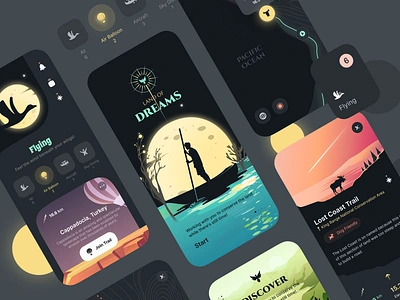 Land of Dreams app calendar calendar app camping dark dark mode dark theme dark ui design dreams figma illustration land ui uiux ux