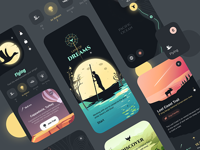 Land of Dreams app calendar calendar app camping dark dark mode dark theme dark ui design dreams figma illustration land ui uiux ux