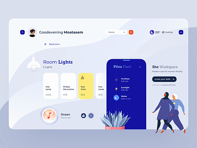 Modern Dashboard#2 - Home cooling dashboard home dashboard lights music plant plants room rooms she ui uiux uiux design uiuxdesign ux