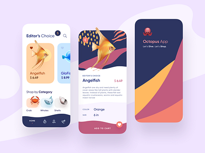 Octopus App add to bag add to basket app crabs design fish octopus shells ui uiux ux