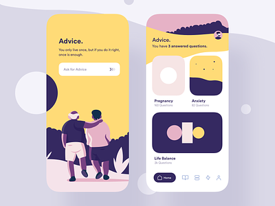 Advice App advice anxiety app design illustration life balance pregnancy ui uiux ux yellow