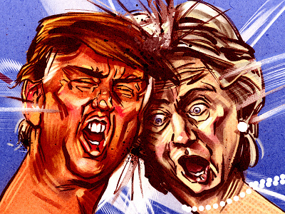 Trump vs Clinton (thumb war) american cartooning comment editorial funny illustration political portraits satire us presidential debate