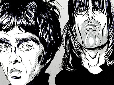 Oasis, Caricature band black and white caricature digital illustration editorial halftone hand drawn illustration music oasis pen and ink portraits