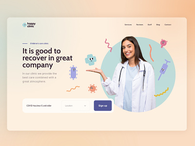 Happy Clinic web page character clean clinic covid covid19 design doctors health healthcare illustration kids landing logo typography web design webb
