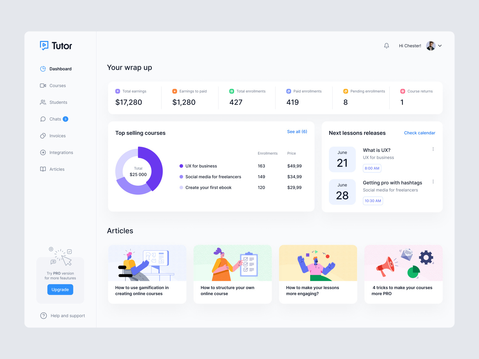 Tutor - E-learning platform dashboard by Pawel Stepanow for Merixstudio ...