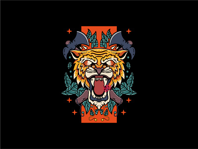 Tiger Hunter with axe in the background animals axe branding character illustration logo mascots pod print tiger tshirt