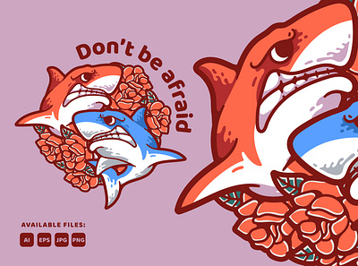The Twin Shark with Rose Illustration animals animationemblem beach illustration logocharacters mascots rose rose mascots shark twin
