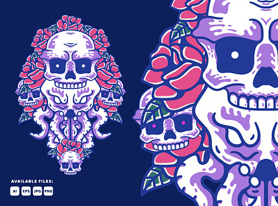 OctoSkull With Rose Illustration drawing handrawn illustration logo mascot octopus owl skeleton skull