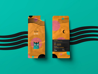 Owlie Yellow Coffee Packaging branding coffee coffee blend coffee packaging design illustration logo owl packaging packaging design packaging mockup product design vector yellow product