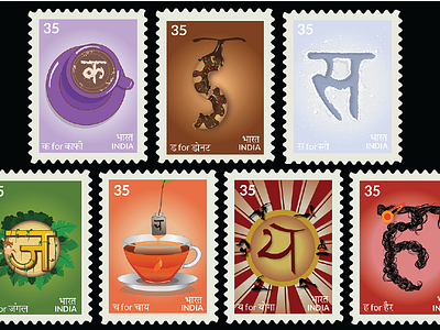 Stamp Series coffee donut hair hindi india jungle snow stamps tea typography illustrations yoga