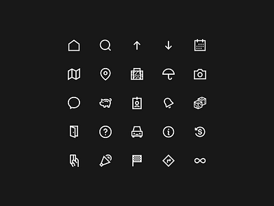 Icon Set, Bold Collection – Vol. 1 camera car directions finish history home iconography icons iconset log out map minimal minimalism piggy bank profile random search travel umbrella